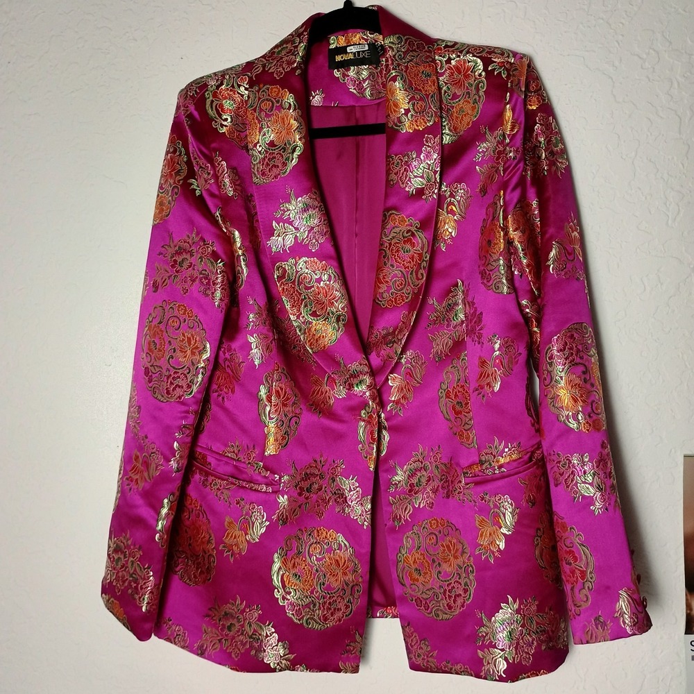 Fashion Nova Margo Fuchsia Pink Satin Embroidered Blazer Size Large - Read